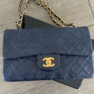 CHANEL Classic Double Flap Small Chain 24k Gold Bag Black Lambskin Full Set